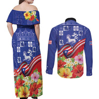 Puerto Rico Coat Of Arm Couples Matching Off Shoulder Maxi Dress and Long Sleeve Button Shirt With Thespesia Grandiflora Flowers - Wonder Print Shop