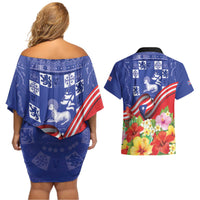 Puerto Rico Coat Of Arm Couples Matching Off Shoulder Short Dress and Hawaiian Shirt With Thespesia Grandiflora Flowers - Wonder Print Shop