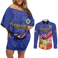 Puerto Rico Coat Of Arm Couples Matching Off Shoulder Short Dress and Long Sleeve Button Shirt With Thespesia Grandiflora Flowers - Wonder Print Shop