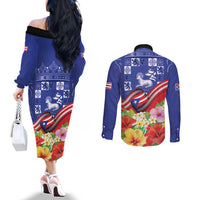 Puerto Rico Coat Of Arm Couples Matching Off The Shoulder Long Sleeve Dress and Long Sleeve Button Shirt With Thespesia Grandiflora Flowers