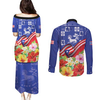 Puerto Rico Coat Of Arm Couples Matching Puletasi and Long Sleeve Button Shirt With Thespesia Grandiflora Flowers - Wonder Print Shop