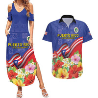 Puerto Rico Coat Of Arm Couples Matching Summer Maxi Dress and Hawaiian Shirt With Thespesia Grandiflora Flowers - Wonder Print Shop