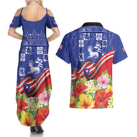 Puerto Rico Coat Of Arm Couples Matching Summer Maxi Dress and Hawaiian Shirt With Thespesia Grandiflora Flowers - Wonder Print Shop