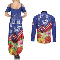 Puerto Rico Coat Of Arm Couples Matching Summer Maxi Dress and Long Sleeve Button Shirt With Thespesia Grandiflora Flowers - Wonder Print Shop