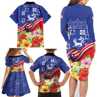 Puerto Rico Coat Of Arm Family Matching Long Sleeve Bodycon Dress and Hawaiian Shirt With Thespesia Grandiflora Flowers - Wonder Print Shop