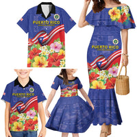 Puerto Rico Coat Of Arm Family Matching Mermaid Dress and Hawaiian Shirt With Thespesia Grandiflora Flowers - Wonder Print Shop