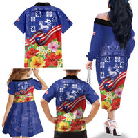 Puerto Rico Coat Of Arm Family Matching Off The Shoulder Long Sleeve Dress and Hawaiian Shirt With Thespesia Grandiflora Flowers - Wonder Print Shop