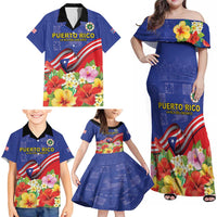 Puerto Rico Coat Of Arm Family Matching Off Shoulder Maxi Dress and Hawaiian Shirt With Thespesia Grandiflora Flowers - Wonder Print Shop