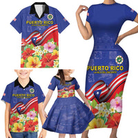 Puerto Rico Coat Of Arm Family Matching Short Sleeve Bodycon Dress and Hawaiian Shirt With Thespesia Grandiflora Flowers - Wonder Print Shop