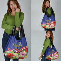 Puerto Rico Coat Of Arm Grocery Bag With Thespesia Grandiflora Flowers