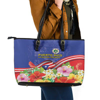 Puerto Rico Coat Of Arm Leather Tote Bag With Thespesia Grandiflora Flowers - Wonder Print Shop