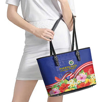 Puerto Rico Coat Of Arm Leather Tote Bag With Thespesia Grandiflora Flowers - Wonder Print Shop