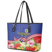 Puerto Rico Coat Of Arm Leather Tote Bag With Thespesia Grandiflora Flowers - Wonder Print Shop