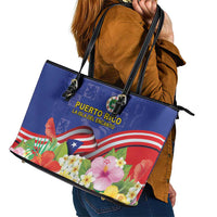 Puerto Rico Coat Of Arm Leather Tote Bag With Thespesia Grandiflora Flowers - Wonder Print Shop