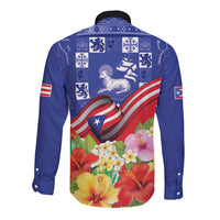 Puerto Rico Coat Of Arm Long Sleeve Button Shirt With Thespesia Grandiflora Flowers - Wonder Print Shop