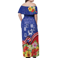 Puerto Rico Coat Of Arm Off Shoulder Maxi Dress With Thespesia Grandiflora Flowers - Wonder Print Shop