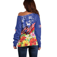 Puerto Rico Coat Of Arm Off Shoulder Sweater With Thespesia Grandiflora Flowers - Wonder Print Shop
