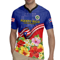 Puerto Rico Coat Of Arm Rugby Jersey With Thespesia Grandiflora Flowers - Wonder Print Shop