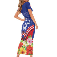 Puerto Rico Coat Of Arm Short Sleeve Bodycon Dress With Thespesia Grandiflora Flowers - Wonder Print Shop