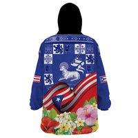 Puerto Rico Coat Of Arm Wearable Blanket Hoodie With Thespesia Grandiflora Flowers - Wonder Print Shop