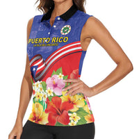Puerto Rico Coat Of Arm Women Sleeveless Polo Shirt With Thespesia Grandiflora Flowers - Wonder Print Shop