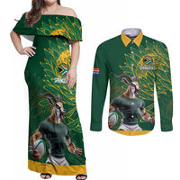 Custom Rugby South Africa Couples Matching Off Shoulder Maxi Dress and Long Sleeve Button Shirt Springboks Mascot - Wonder Print Shop