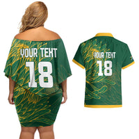 Custom Rugby South Africa Couples Matching Off Shoulder Short Dress and Hawaiian Shirt Springboks Mascot - Wonder Print Shop