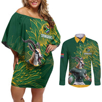 Custom Rugby South Africa Couples Matching Off Shoulder Short Dress and Long Sleeve Button Shirt Springboks Mascot - Wonder Print Shop