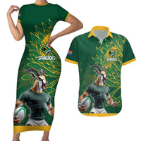 Custom Rugby South Africa Couples Matching Short Sleeve Bodycon Dress and Hawaiian Shirt Springboks Mascot - Wonder Print Shop