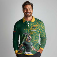Custom Rugby South Africa Long Sleeve Polo Shirt Springboks Mascot - Wonder Print Shop
