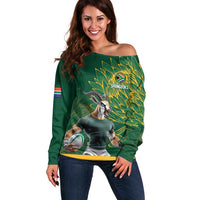 Custom Rugby South Africa Off Shoulder Sweater Springboks Mascot - Wonder Print Shop