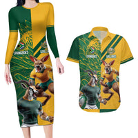 Personalized Rugby South Africa Australia Couples Matching Long Sleeve Bodycon Dress and Hawaiian Shirt Springboks Wallabies Mascot Go Champions - Wonder Print Shop
