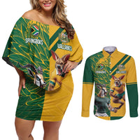 Personalized Rugby South Africa Australia Couples Matching Off Shoulder Short Dress and Long Sleeve Button Shirt Springboks Wallabies Mascot Go Champions - Wonder Print Shop