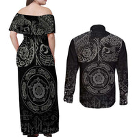 Viking Pride of Yorkshire Couples Matching Off Shoulder Maxi Dress and Long Sleeve Button Shirt Black Odin’s Ravens Nordic - Wonder Print Shop