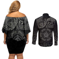 Viking Pride of Yorkshire Couples Matching Off Shoulder Short Dress and Long Sleeve Button Shirt Black Odin’s Ravens Nordic - Wonder Print Shop