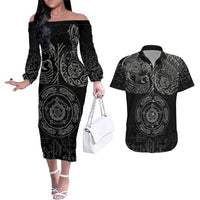 Viking Pride of Yorkshire Couples Matching Off The Shoulder Long Sleeve Dress and Hawaiian Shirt Black Odin’s Ravens Nordic - Wonder Print Shop