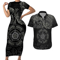 Viking Pride of Yorkshire Couples Matching Short Sleeve Bodycon Dress and Hawaiian Shirt Black Odin’s Ravens Nordic - Wonder Print Shop