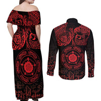 Viking Pride of Yorkshire Couples Matching Off Shoulder Maxi Dress and Long Sleeve Button Shirt Red Odin’s Ravens Nordic - Wonder Print Shop