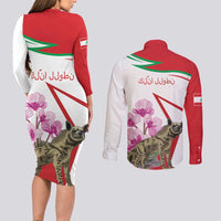 Lebanon Striped Hyena Couples Matching Long Sleeve Bodycon Dress and Long Sleeve Button Shirt With Cyclamen Flowers - Wonder Print Shop