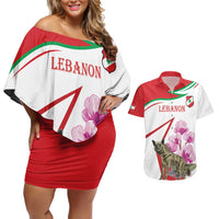 Lebanon Striped Hyena Couples Matching Off Shoulder Short Dress and Hawaiian Shirt With Cyclamen Flowers - Wonder Print Shop