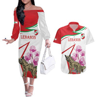 Lebanon Striped Hyena Couples Matching Off The Shoulder Long Sleeve Dress and Hawaiian Shirt With Cyclamen Flowers - Wonder Print Shop