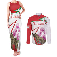 Lebanon Striped Hyena Couples Matching Tank Maxi Dress and Long Sleeve Button Shirt With Cyclamen Flowers - Wonder Print Shop