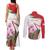 Lebanon Striped Hyena Couples Matching Tank Maxi Dress and Long Sleeve Button Shirt With Cyclamen Flowers - Wonder Print Shop