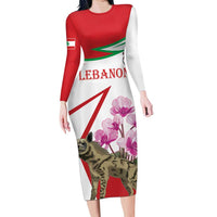 Lebanon Striped Hyena Family Matching Long Sleeve Bodycon Dress and Hawaiian Shirt With Cyclamen Flowers - Wonder Print Shop