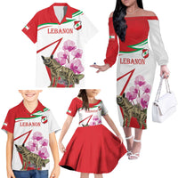 Lebanon Striped Hyena Family Matching Off The Shoulder Long Sleeve Dress and Hawaiian Shirt With Cyclamen Flowers - Wonder Print Shop