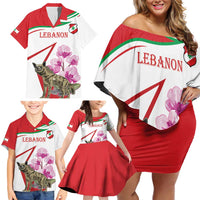 Lebanon Striped Hyena Family Matching Off Shoulder Short Dress and Hawaiian Shirt With Cyclamen Flowers - Wonder Print Shop