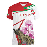 Lebanon Striped Hyena Women V-Neck T-Shirt With Cyclamen Flowers - Wonder Print Shop