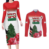 Custom Lebanon Independence Day Couples Matching Long Sleeve Bodycon Dress and Long Sleeve Button Shirt Cyclamen Flowers Blooming - Wonder Print Shop