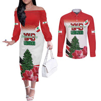 Custom Lebanon Independence Day Couples Matching Off The Shoulder Long Sleeve Dress and Long Sleeve Button Shirt Cyclamen Flowers Blooming