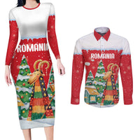 Romania Christmas Personalized Couples Matching Long Sleeve Bodycon Dress and Long Sleeve Button Shirt Romanian Folklore Capra Goat - Wonder Print Shop